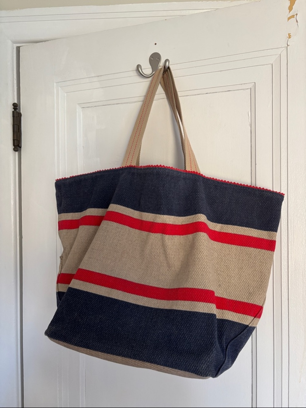 Red and Navy Striped Tote Bag